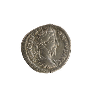 Denarius of Marcus Aurelius (121–180; Roman emperor 161–180), 179–180. Obverse: Bust of Marcus