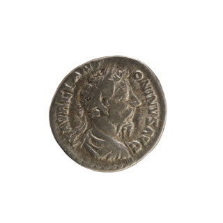 Denarius of Marcus Aurelius (121–180; Roman emperor 161–180). Obverse: Bust of Marcus Aurelius with