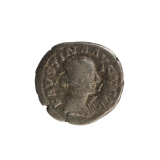 Denarius, 161–176 CE. Obverse: Bust of Faustina the Younger in drapery, hair arranged in waves and