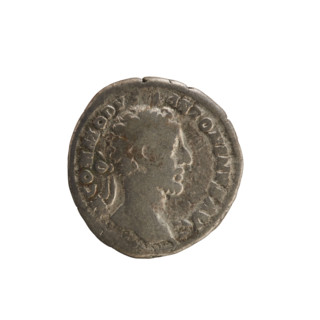 Denarius of Commodus (161–192; Roman emperor 177–192). Obverse: Emperor's bust right, laurel
