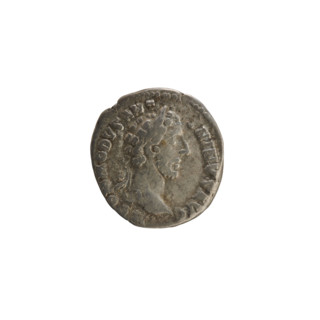 Denarius of Commodus (161–192 CE). Obverse: Emperor's head right, laurel wreath; pearl border;