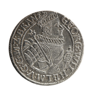 Obv. Bust facing right in a mitre, wide ruff and armor girded with a sash. A sceptre in his right