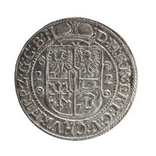 Obv. Bust facing right in a mitre, wide ruff and armor girded with a sash. A sceptre in his right