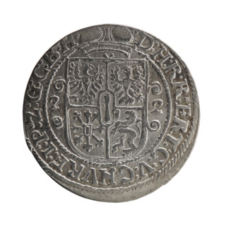 Obv. Bust facing right in a mitre, wide ruff and armor girded with a sash. A sceptre in his right