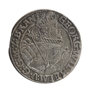 Obv. Bust facing right in a mitre, wide ruff, and armor girded with a sash. In his right hand a