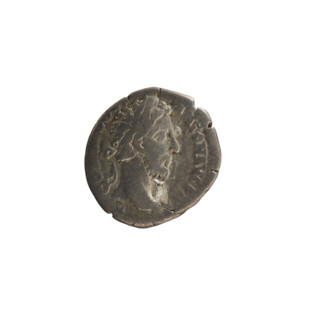 Denarius of Commodus (161–192 CE). Obverse: Emperor's bust right, laurel-wreathed, inscribed COM