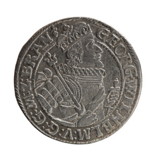 Obv. Bust facing right in a mitre, wide ruff and armor girded with a sash. A sceptre in his right