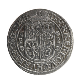 Obv. Bust facing right in a mitre, wide ruff and armor girded with a sash. A sceptre in his right