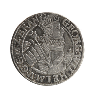 Obv. Bust facing right in a mitre, wide ruff and armor girded with a sash. A sceptre in his right