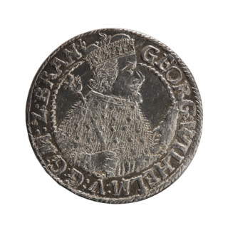 Obv. Bust facing right in a mitre, wide ruff and armor girded with a sash. A sceptre in his right