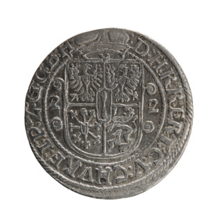 Obv. Bust facing right in a mitre, wide ruff and armor girded with a sash. A sceptre in his right