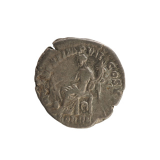 Denarius of Commodus (161–192; Roman emperor 177–192). Obverse: Emperor's head right,
