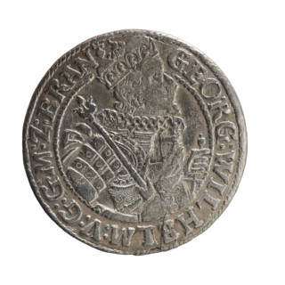 Obv. Bust facing right in a mitre, wide ruff and armor girded with a sash. A sceptre in his right