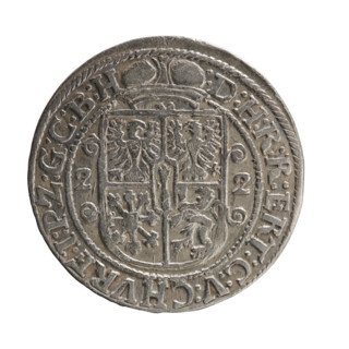 Obv. Bust facing right in a mitre, wide ruff and armor girded with a sash. A sceptre in his right