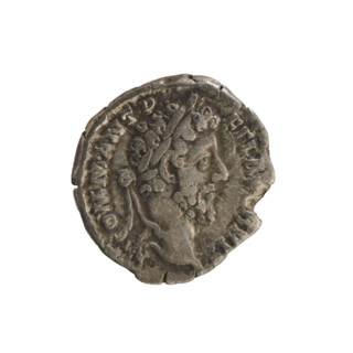 Denarius of Commodus (reigned 177–192). Obverse: Emperor's head right, wearing a laurel wreath;
