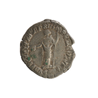 Denarius of Commodus (reigned 177–192 CE). Obverse: Emperor's head right, laurel wreath; legend:
