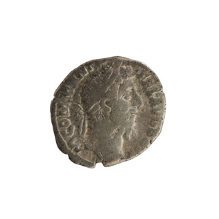 Denarius of Commodus (reign 177–192 CE). Obverse: Emperor's head right, with laurel wreath; legends
