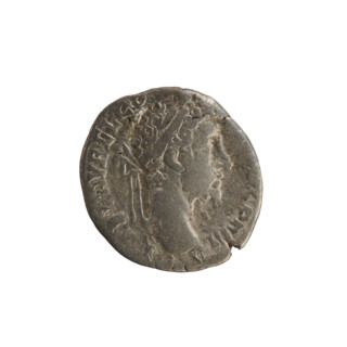 Denarius of Commodus (reign 177–192). Obverse: Emperor's bust right, laurel-wreathed; inscription L