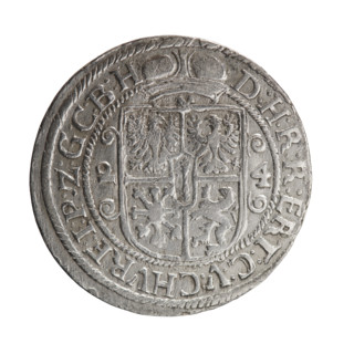 Male bust in armor, coats of arms — George William Hohenzollern (Elector of Brandenburg; Duke of