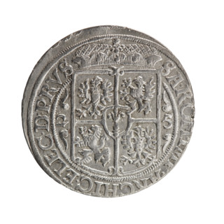 Male bust in armor, coats of arms, George William Hohenzollern (Elector of Brandenburg; Duke of
