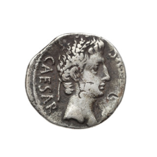Denarius of Octavian Augustus (63 BC–14; Roman emperor 27 BC–14). Obverse: Head of Augustus in a