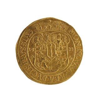 Obverse: Bust turned right with long hair, pointed beard and mustache, wearing a ducal mitre,