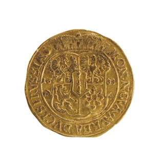 Obv. Bust turned right with long hair, pointed beard and mustache, wearing a ducal mitre, collar