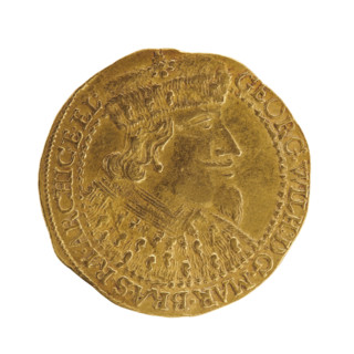 Ducat, maker: David Koch. Obverse: bust turned right with long hair, pointed beard and mustache,