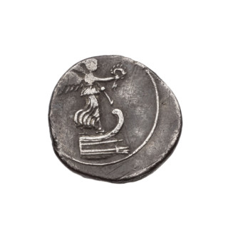 Denarius; obverse: Victoria standing on the prow of a ship facing right, wreath in right hand and