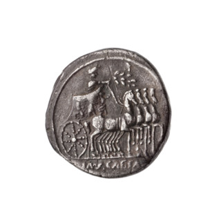 Denarius, ca. 29–27 BC. Obverse: Victoria standing on the prow of a ship turned to the right,