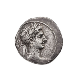 Denarius. Obverse: head of Octavian's herm with a laurel wreath at right, behind it a thunderbolt;