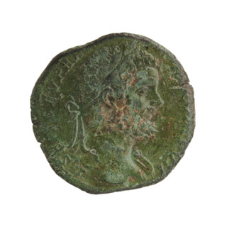 Sestertius, Roman Empire (195–196 CE). Obverse: Head of Septimius Severus with laurel wreath and