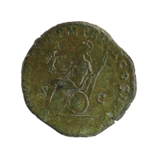 Sestertius, Roman Empire (195–196 CE). Obverse: Head of Septimius Severus with laurel wreath and