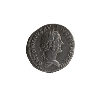 Denarius of Antoninus Pius (86–161; Roman emperor 138–161). Obverse: Bust of Antoninus Pius in a