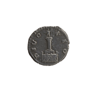 Denarius, after 161 CE. Obverse: head of Antoninus Pius without a covering, with drapery on the