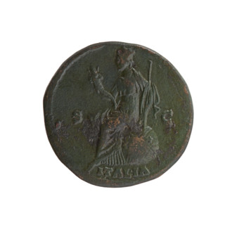 Sestertius of Antoninus Pius (86–161; Roman emperor 138–161), struck 140–144. Obverse: Head of
