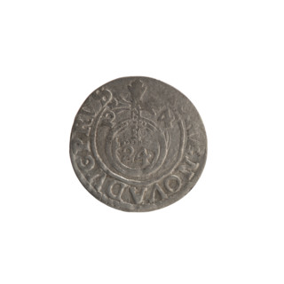 One-and-a-half, Ernest Pfahler; Wislica hoard; obverse: under the ducal mitre a five-field coat of