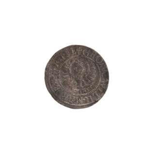szelag by Ernest Pfahler, Wislica hoard (numism). Obverse: Prussian eagle with crowned letter S on