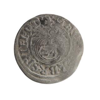 One-and-a-half coin, Ernest Pfahler. Obverse: royal orb with a cross whose arms terminate in