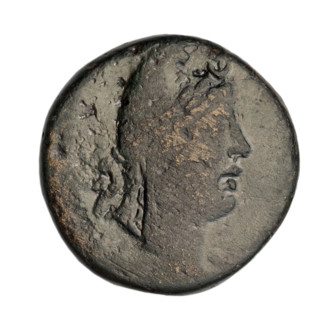 bronze coin, Gorgippia; obverse: head of a youth (Men? Attys?) in a Phrygian cap and a laurel