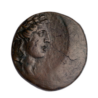 Bronze coin, Gorgippia; obverse: head of Apollo in a laurel wreath facing right, hair combed up,