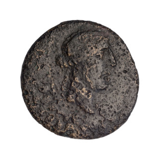 bronze coin, Gorgippia; head of Apollo (iconographic), tripod (iconographic), thyrsus