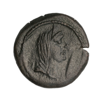Bronze coin, prora (iconographic); obverse: head of a woman in a diadem and veil, possibly