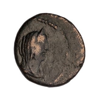 Bronze coin, end 1st century BC, Cimmerian Bosporus, Phanagoria. Obverse: head of a woman in a