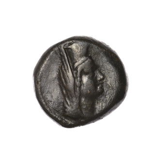 Bronze coin, Pantikapaion (as Kaisarea); obverse: woman's head in kalathos and veil (Aphrodite