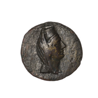 bronze coin, Pantikapaion (as Kaisarea), scepters, woman's head (iconographic), woman's head in