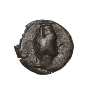 bronze coin, Pantikapaion (as Kaisarea), scepters, woman's head (iconographic), woman's head in