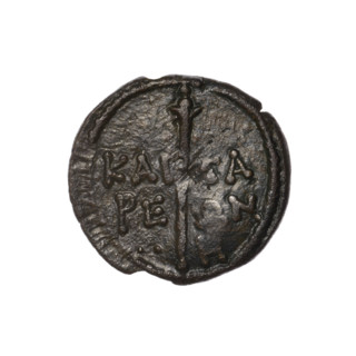 Bronze coin, Pantikapaion (as Kaisarea). Obverse: head of a woman in a kalathos and a veil
