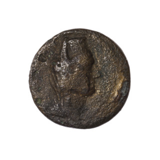 Bronze coin, Pantikapaion (as Kaisarea); obverse: woman's head in kalathos and veil (Aphrodite