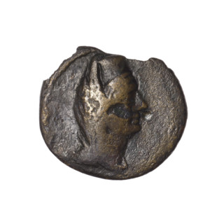 bronze coin, Pantikapaion (as Kaisarea), woman's head (iconographic), scepters, woman's head in